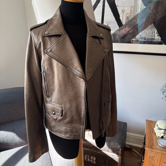 Banana Republic Metallic Leather Moto Jacket, MEDAL BRONZE Medium - Picture 5 of 15